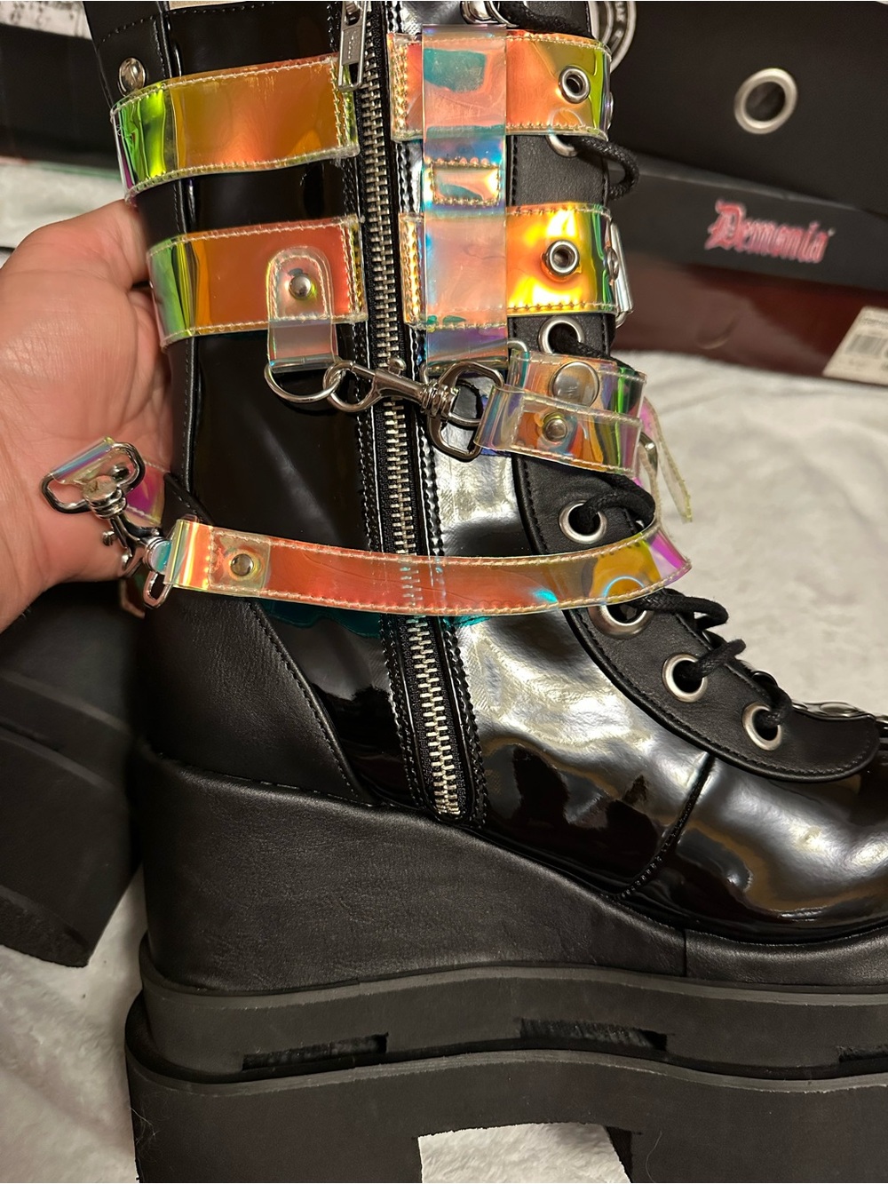 Demonia Black Patent Platform Lace-Up Boots with Holographic Straps Magic Mirror - Picture 6 of 9